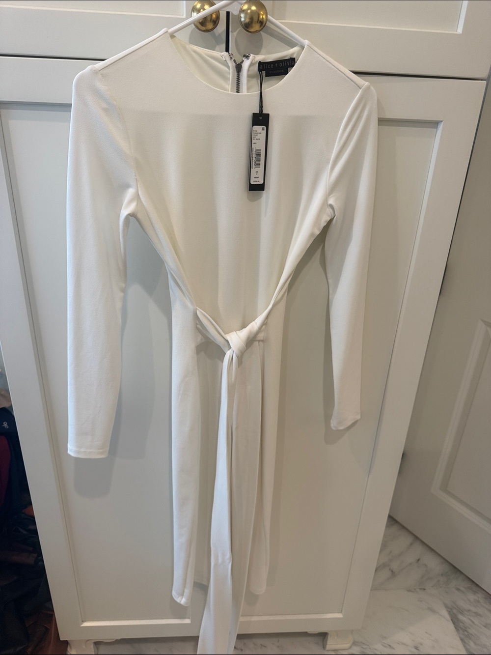 NWT Alice + Olivia White Long-Sleeve Tie-Waist Midi Dress